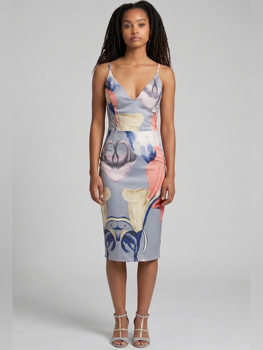 SHILLA Gray floral spaghetti strap bodycon midi Dress size XS